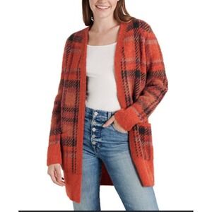 Lucky Brand women's medium Oversized wool blend Plaid Knit Cardigan Sweater